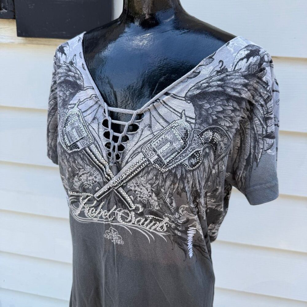 Rebel Saints Rhinestone Lace Up Graphic Tee Gray Winged Pistols Y2K Biker Top Sh